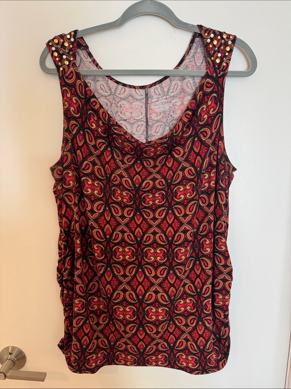 Lane Bryant Red and Black Paisley-Style Studded Tank